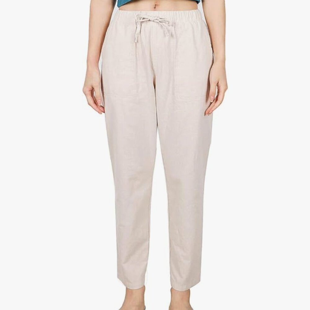 Uniqlo Linen Pants Tie Waist Tan Capri Taper​